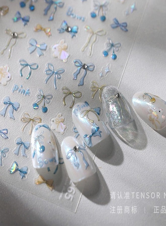 Maigitur 5D Embossed Bow Nail Stickers Blue Bow Nail Art Stickers Self-Adhesive Rabbit Nail Decals Ribbon Nail Sticker with Rhinestone Design Spring Summer Nails Supplies for Women Girls DIY Manicure - Image 5